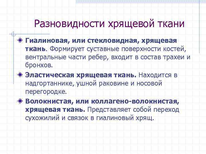 Разновидности хрящевой ткани Гиалиновая, или стекловидная, хрящевая ткань. Формирует суставные поверхности костей, вентральные части