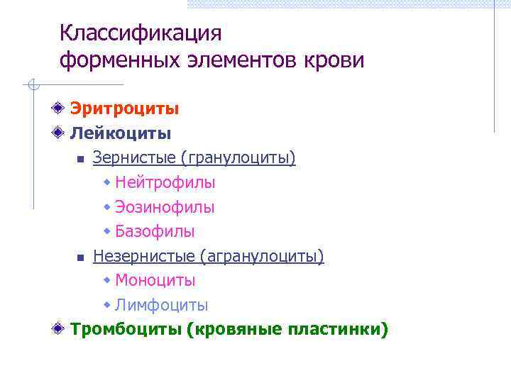 Классификация форменных элементов крови Эритроциты Лейкоциты n Зернистые (гранулоциты) w Нейтрофилы w Эозинофилы w