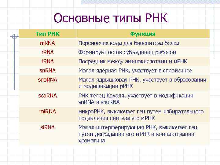 Основные типы РНК Тип РНК Функция m. RNA Переносчик кода для биосинтеза белка r.