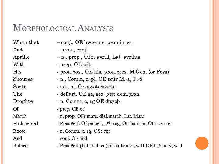 MORPHOLOGICAL ANALYSIS Whan that Þæt Aprille With His Shoures Soote The Droghte Of March