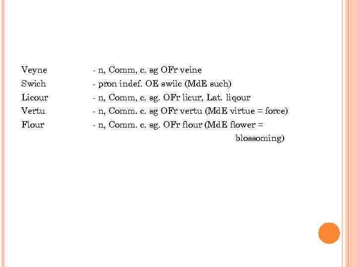 Veyne - n, Comm, c. sg OFr veine Swich - pron indef. OE swilc