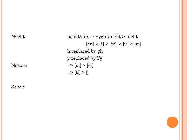 Nyght neaht/niht > nyght/night > night [ea] > [ix’] > [i: ] > [ai]