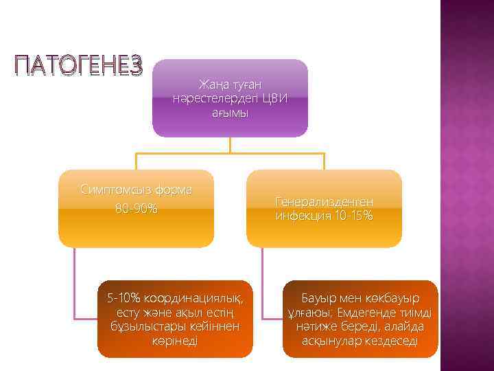 ПАТОГЕНЕЗ Жаңа туған нәрестелердегі ЦВИ ағымы Симптомсыз форма 80 -90% 5 -10% координациялық, есту