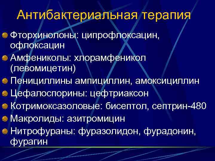 Антибактериальная терапия Фторхинолоны: ципрофлоксацин, офлоксацин Амфениколы: хлорамфеникол (левомицетин) Пенициллины ампициллин, амоксициллин Цефалоспорины: цефтриаксон Котримоксазоловые: