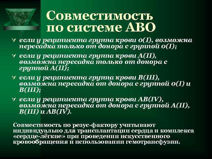 Совместимость по системе АВО Ú если у реципиента группа крови 0(I), возможна пересадка только