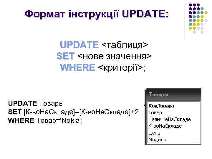 Формат інструкції UPDATE: UPDATE <таблиця> SET <нове значення> WHERE <критерії>; UPDATE Товары SET [К-во.