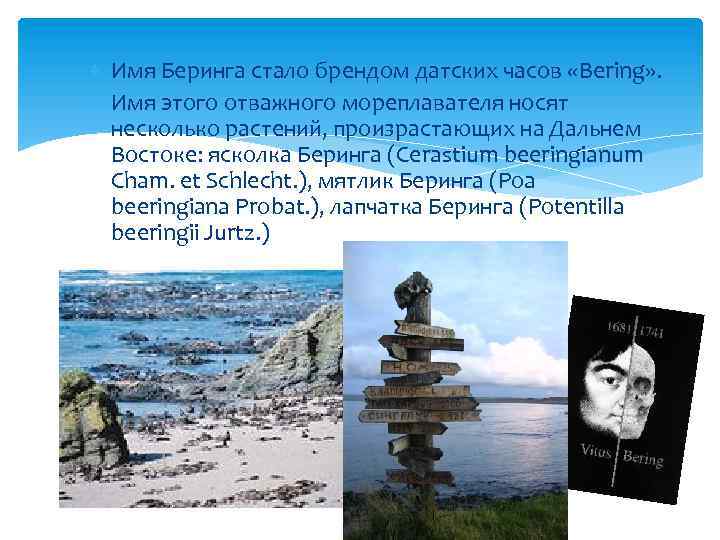  Имя Беринга стало брендом датских часов «Bering» . Имя этого отважного мореплавателя носят