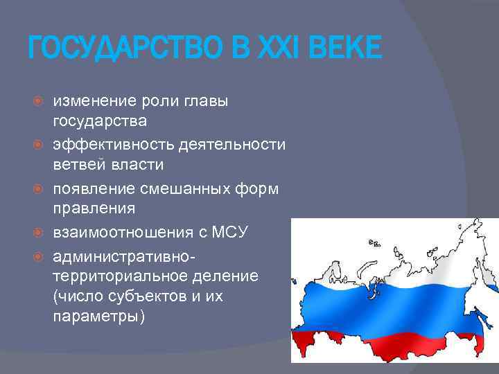 ГОСУДАРСТВО В ХХI ВЕКЕ изменение роли главы государства эффективность деятельности ветвей власти появление смешанных