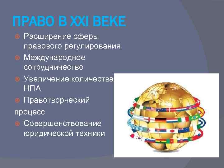 ПРАВО В ХХI ВЕКЕ Расширение сферы правового регулирования Международное сотрудничество Увеличение количества НПА Правотворческий