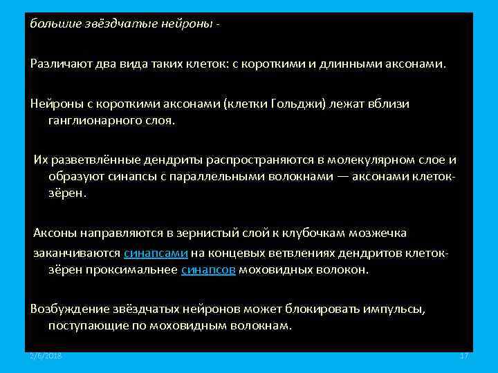 большие звёздчатые нейроны Различают два вида таких клеток: с короткими и длинными аксонами. Нейроны