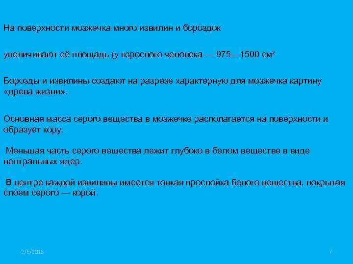 На поверхности мозжечка много извилин и бороздок увеличивают её площадь (у взрослого человека —