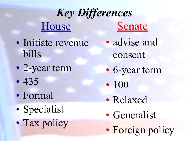 Key Differences House Senate • Initiate revenue bills • 2 -year term • 435