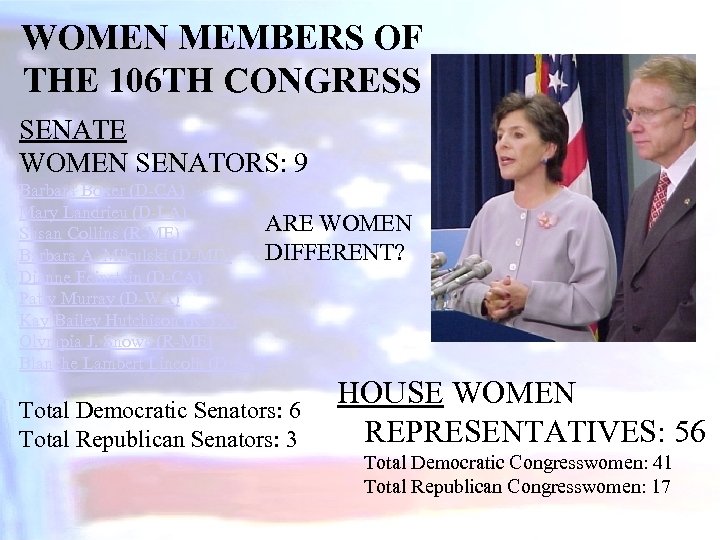 WOMEN MEMBERS OF THE 106 TH CONGRESS SENATE WOMEN SENATORS: 9 Barbara Boxer (D-CA)