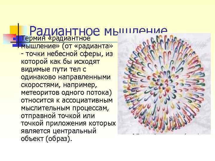 n Радиантное мышление Термин «радиантное мышление» (от «радианта» точки небесной сферы, из которой как