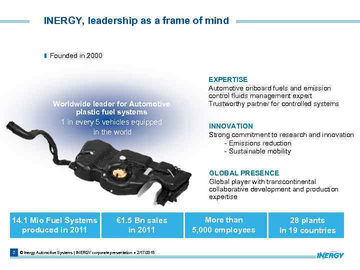 INERGY, leadership as a frame of mind Founded in 2000 Worldwide leader for Automotive