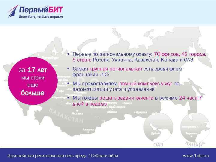  • Первые по региональному охвату: 70 офисов, 42 города, 5 стран: Россия, Украина,