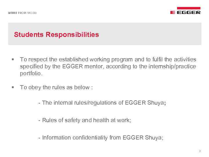 Students Responsibilities § To respect the established working program and to fulfil the activities