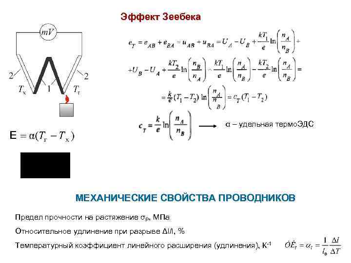 Эффект Зеебека α – удельная термо. ЭДС МЕХАНИЧЕСКИЕ СВОЙСТВА ПРОВОДНИКОВ Предел прочности на растяжение