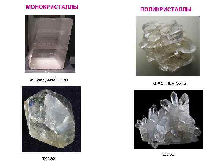 МОНОКРИСТАЛЛЫ исландский шпат топаз ПОЛИКРИСТАЛЛЫ каменная соль кварц 