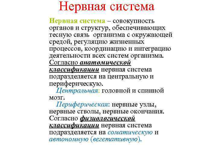 Нервная система – совокупность органов и структур, обеспечивающих тесную связь организма с окружающей средой,