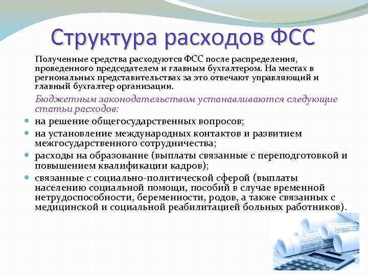 Структура расходов ФСС Полученные средства расходуются ФСС после распределения, проведенного председателем и главным бухгалтером.