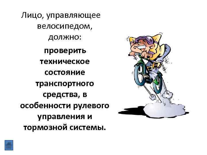 Лицо, управляющее велосипедом, должно: проверить техническое состояние транспортного средства, в особенности рулевого управления и