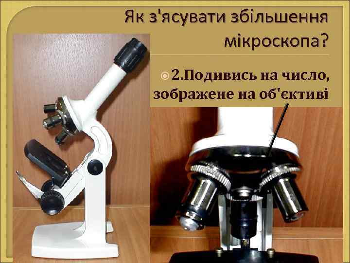 Як з'ясувати збільшення мікроскопа? 2. Подивись на число, зображене на об'єктиві 