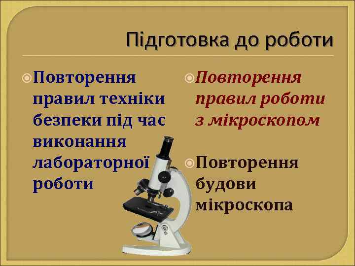 Підготовка до роботи Повторення правил техніки безпеки під час виконання лабораторної роботи Повторення правил