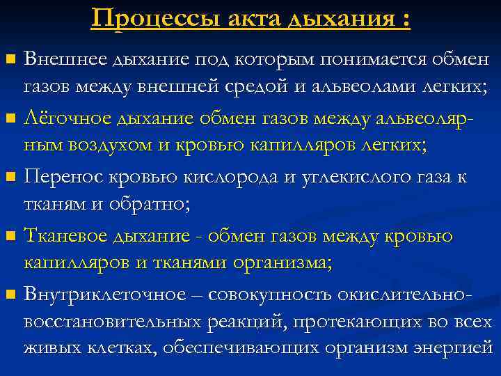 Процессы акта дыхания : Внешнее дыхание под которым понимается обмен газов между внешней средой