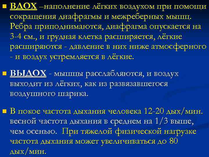 n ВДОХ –наполнение лёгких воздухом при помощи сокращения диафрагмы и межреберных мышц. Ребра приподнимаются,