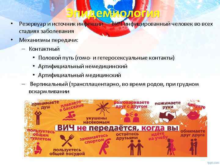 Эпидемиология • Резервуар и источник инфекции — ВИЧ-инфицированный человек во всех стадиях заболевания •