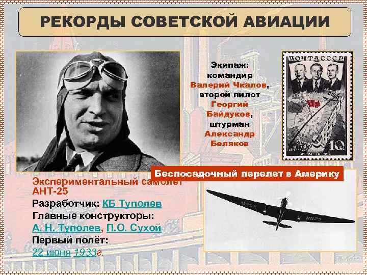 РЕКОРДЫ СОВЕТСКОЙ АВИАЦИИ Экипаж: командир Валерий Чкалов, второй пилот Георгий Байдуков, штурман Александр Беляков