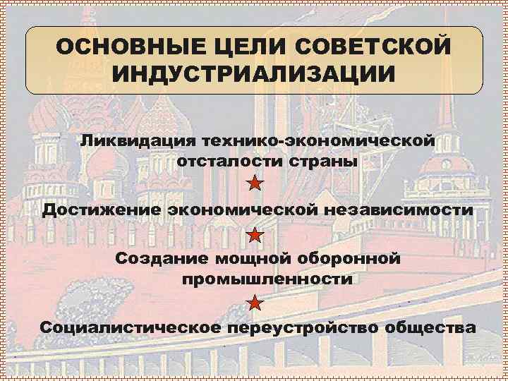 Создание мощной оборонной промышленности. Достижение экономической независимости СССР. Ликвидация экономической отсталости страны. Ликвидация технологической отсталости промышленности. Основными целями индустриализации СССР не были.