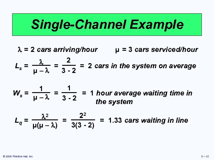 Single-Channel Example = 2 cars arriving/hour µ = 3 cars serviced/hour 2 Ls =