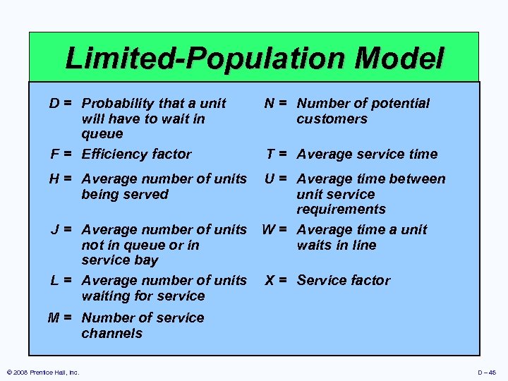 Limited-Population Model D = Probability that a unit N = Number of potential T