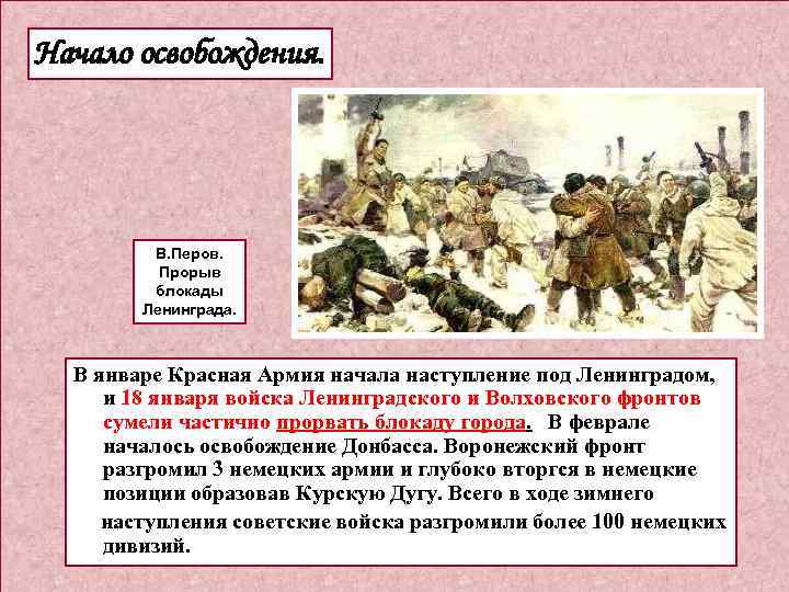 Начало освобождения. В. Перов. Прорыв блокады Ленинграда. В январе Красная Армия начала наступление под