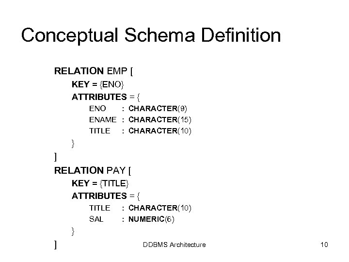 Conceptual Schema Definition RELATION EMP [ KEY = {ENO} ATTRIBUTES = { ENO :