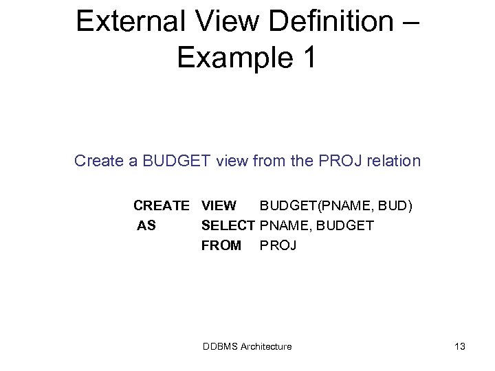 External View Definition – Example 1 Create a BUDGET view from the PROJ relation