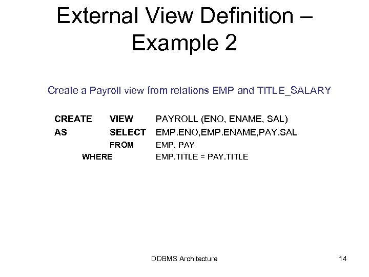 External View Definition – Example 2 Create a Payroll view from relations EMP and