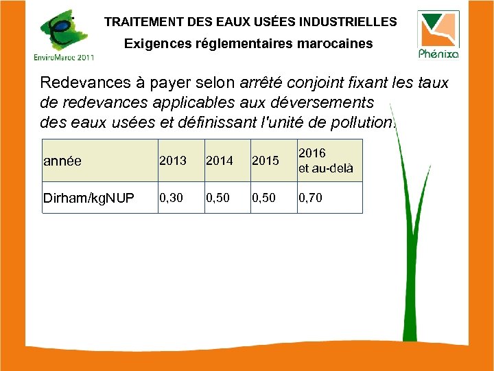 TRAITEMENT DES EAUX USÉES INDUSTRIELLES Exigences réglementaires marocaines Redevances à payer selon arrêté conjoint