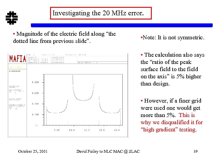 Investigating the 20 MHz error. • Magnitude of the electric field along “the dotted