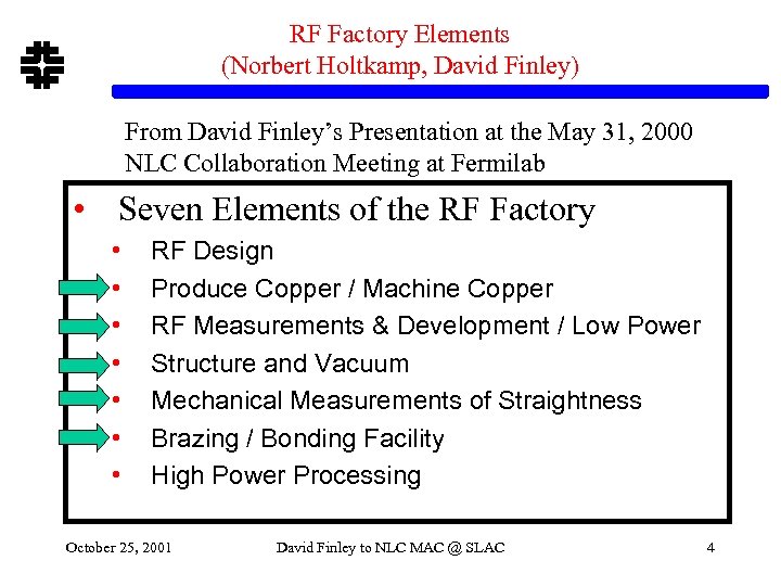 RF Factory Elements (Norbert Holtkamp, David Finley) From David Finley’s Presentation at the May