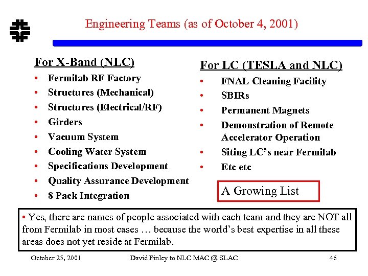 Engineering Teams (as of October 4, 2001) For X-Band (NLC) For LC (TESLA and