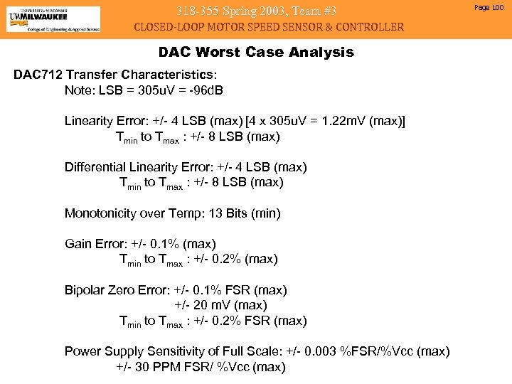 318 -355 Spring 2003, Team #3 CLOSED-LOOP MOTOR SPEED SENSOR & CONTROLLER DAC Worst