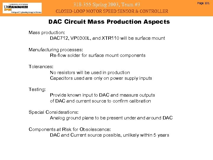 318 -355 Spring 2003, Team #3 CLOSED-LOOP MOTOR SPEED SENSOR & CONTROLLER DAC Circuit