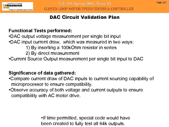 318 -355 Spring 2003, Team #3 CLOSED-LOOP MOTOR SPEED SENSOR & CONTROLLER DAC Circuit