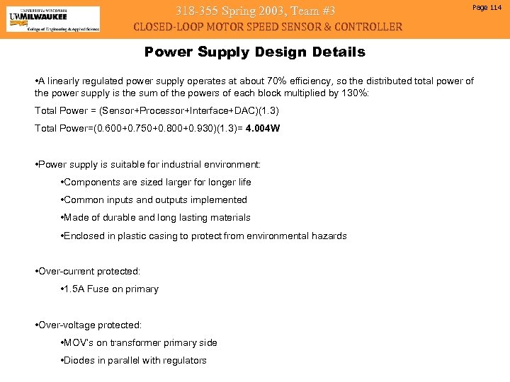 318 -355 Spring 2003, Team #3 Page 114 CLOSED-LOOP MOTOR SPEED SENSOR & CONTROLLER