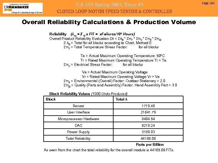 318 -355 Spring 2003, Team #3 CLOSED-LOOP MOTOR SPEED SENSOR & CONTROLLER Overall Reliability