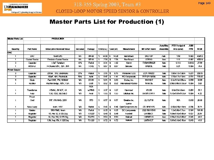 318 -355 Spring 2003, Team #3 CLOSED-LOOP MOTOR SPEED SENSOR & CONTROLLER Master Parts