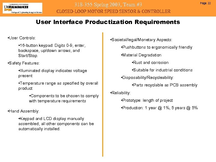 318 -355 Spring 2003, Team #3 CLOSED-LOOP MOTOR SPEED SENSOR & CONTROLLER User Interface